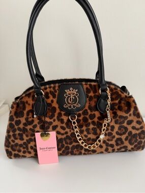 Juicy Couture Leopard Faux Fur Satchel with Black Handles & Gold Chain